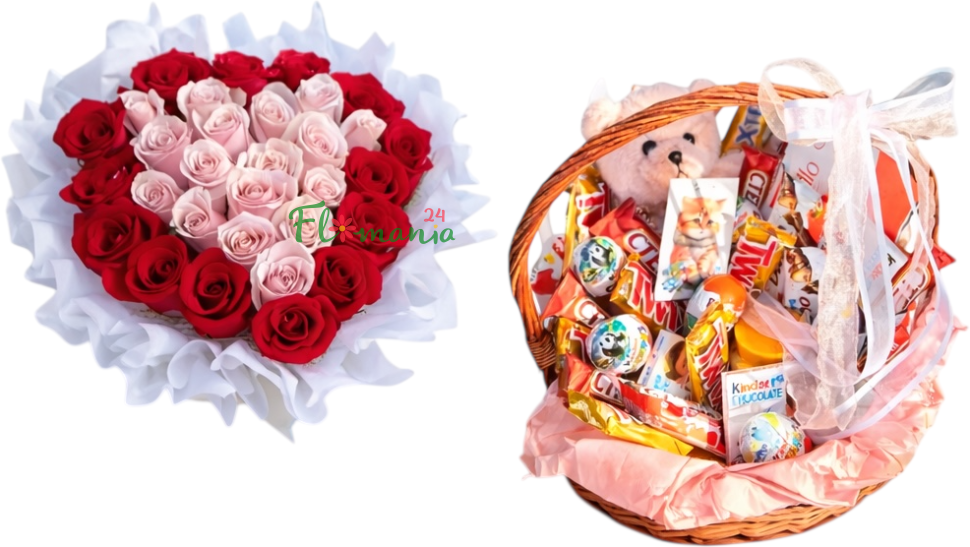 Сердце из роз + плюшевый мишка и корзинка со сладостями 