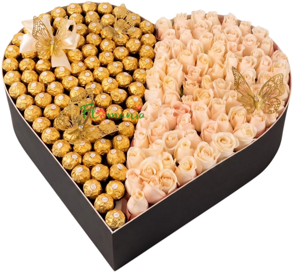 Большое сердце из роз и Ferrero Rocher «Слияние сердец»