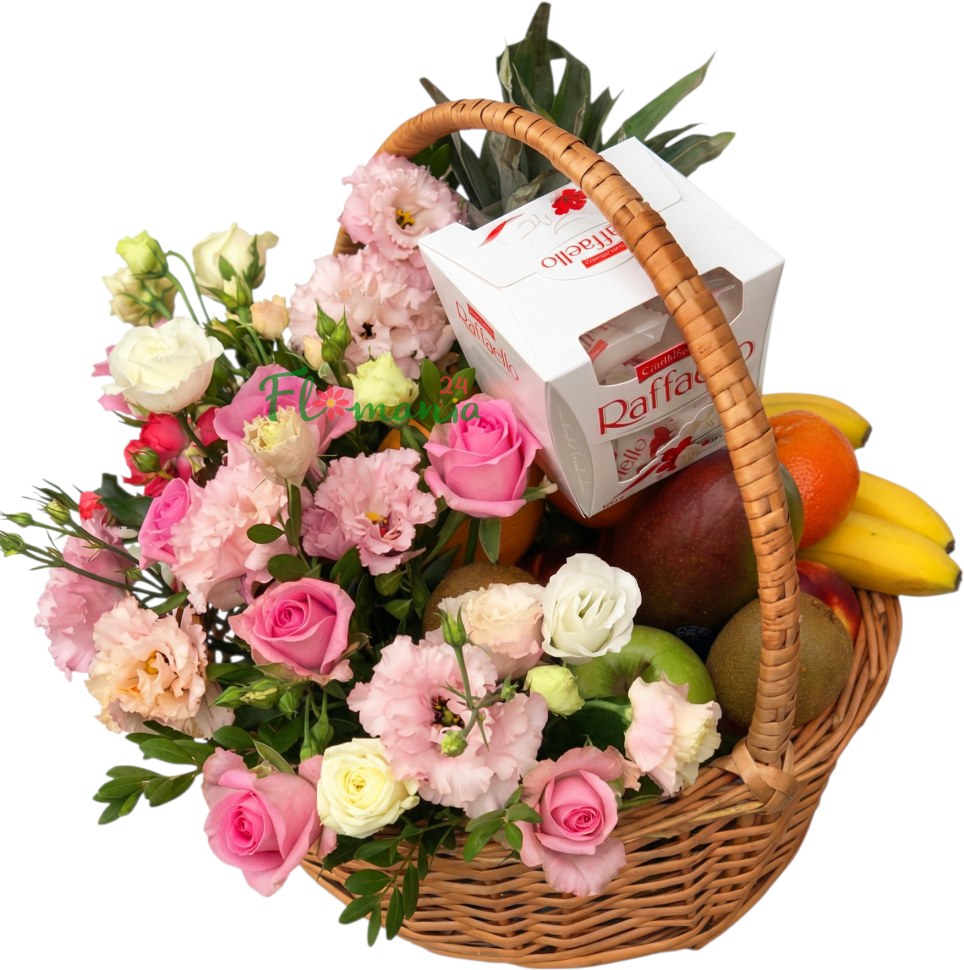 Корзина «Дыхание праздника» с цветами, фруктами и Raffaello